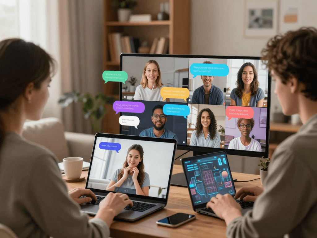 AI sex chat conversation in a vibrant digital chat space with diverse avatars, laptops, and warm home lighting.