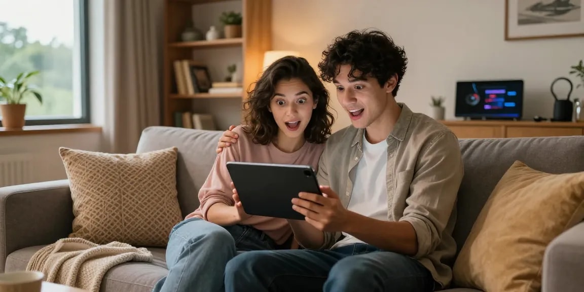 Couple enjoying an ai sex chat in a cozy living room, showcasing intimacy and technology.
