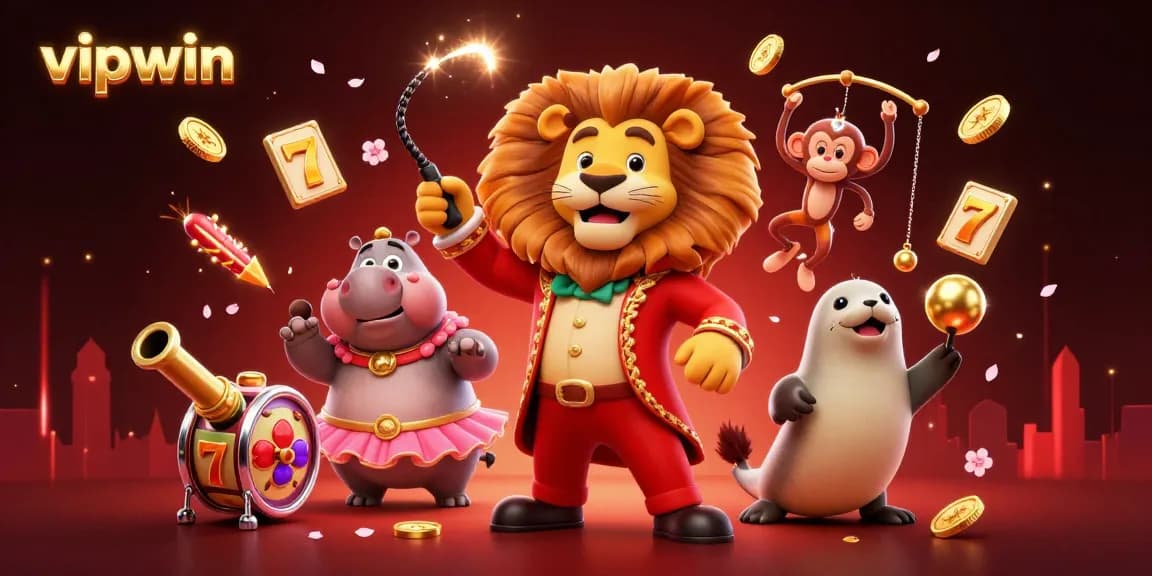 Experience the excitement of vipwin with a colorful 3D circus-themed casino illustration featuring engaging game elements.