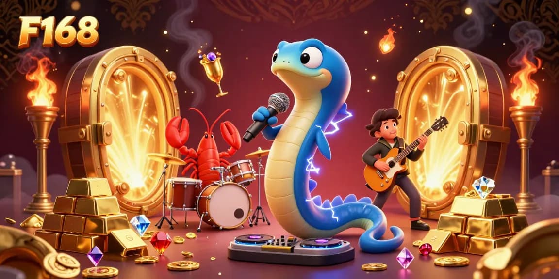 F168 showcases vibrant underwater casino entertainment with a DJ eel, lobster drummer, and seahorse guitarist.