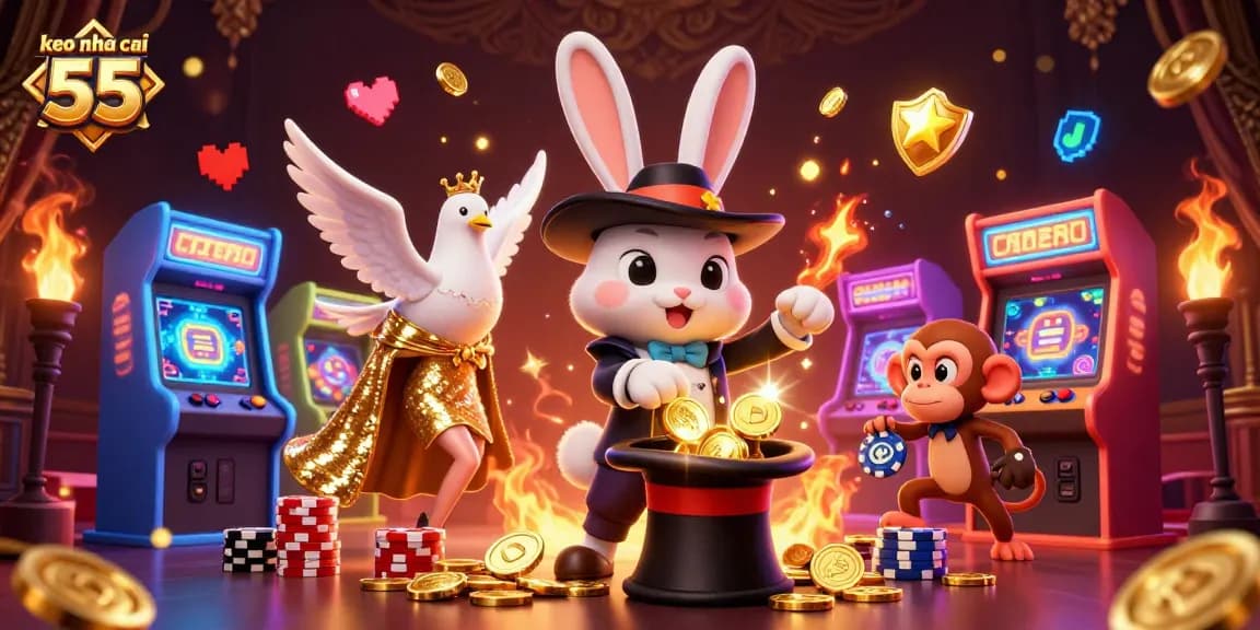 Engaging scene with keo nha cai 55 showcasing a magician rabbit, dove, and monkey amidst vibrant casino elements.