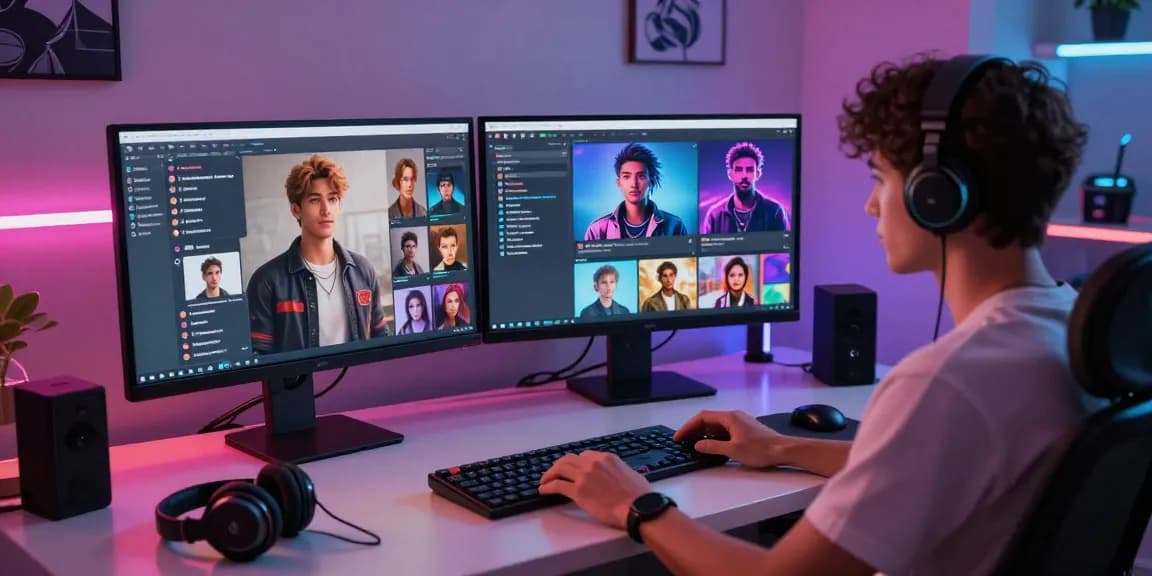 Engaging user with NSFW AI character avatars in a modern virtual environment, showcasing tech interaction and personalization.