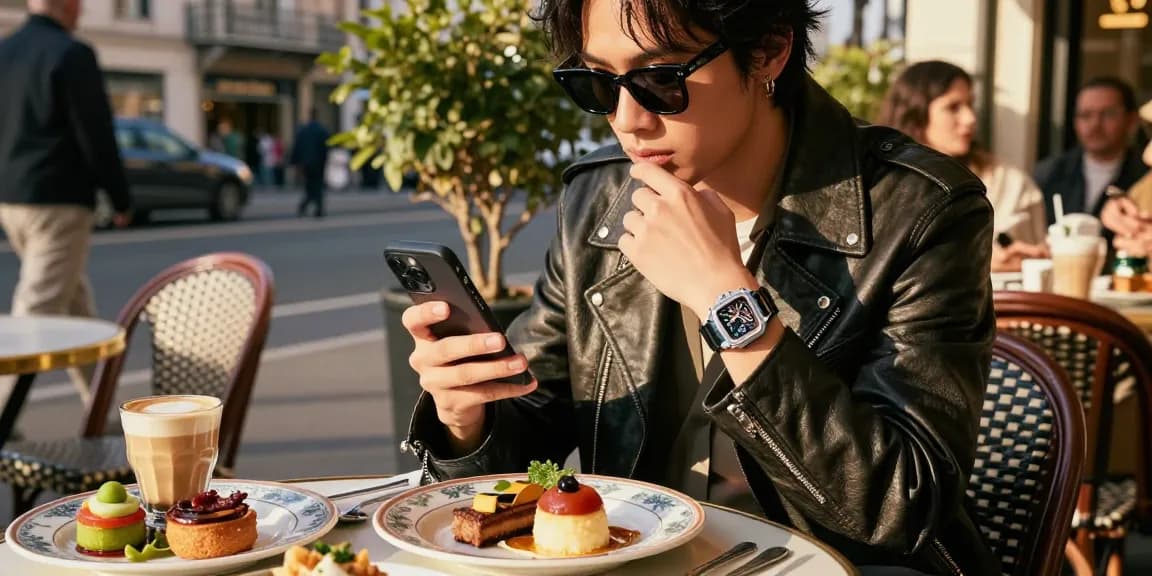 Stylish individual showcasing super clone watches at a trendy café, exuding confidence.