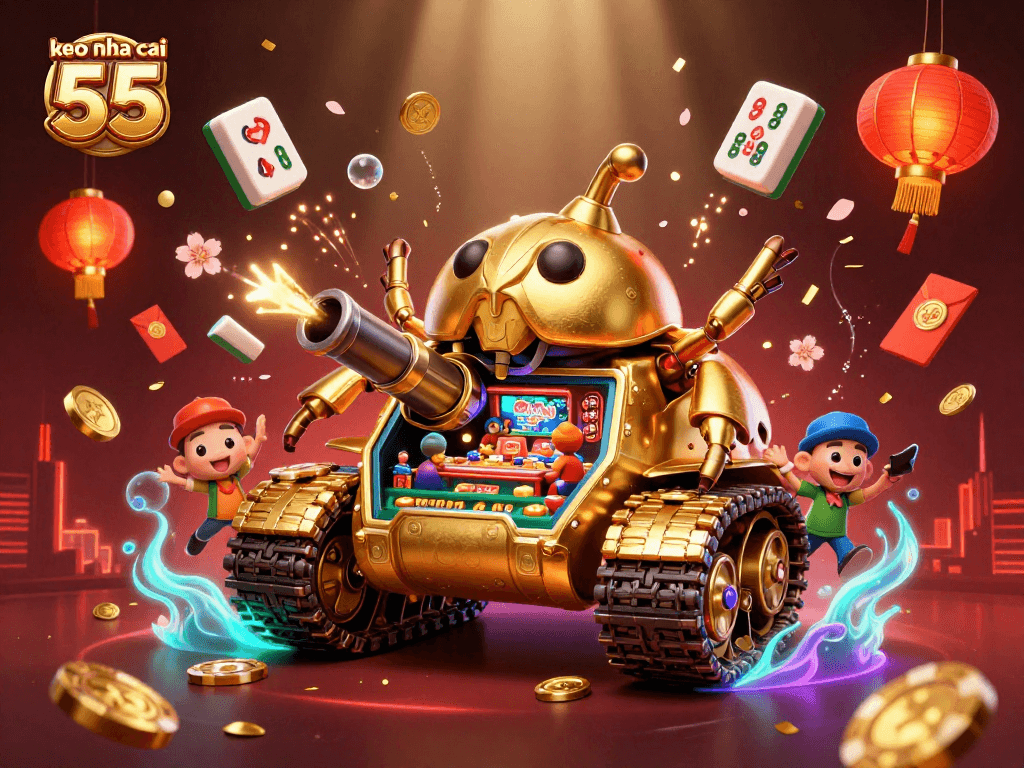Engage with keo nha cai 55 in a vibrant casino illustration featuring a golden beetle tank.