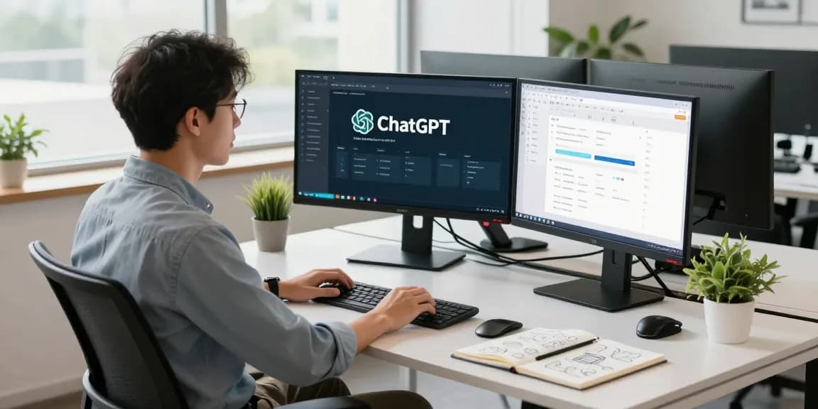 Professional workspace showcasing AI productivity tools on screens with a focus on innovation and efficiency.