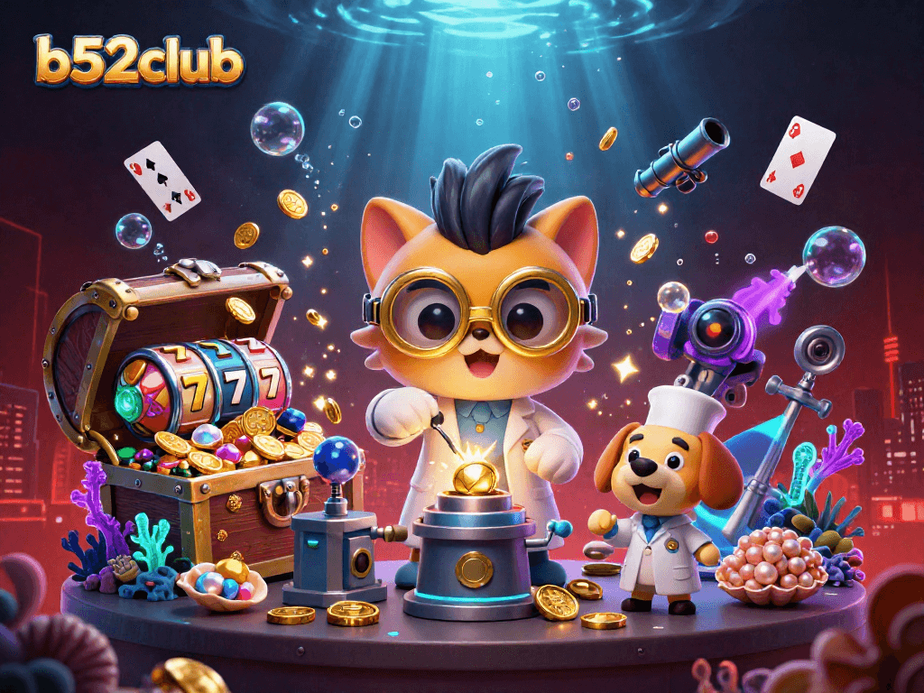 b52club captures thrilling jackpot excitement with a mad scientist cat and loyal dog in a vibrant casino scene.