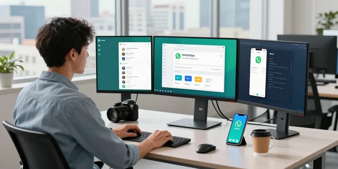 WhatsApp下載 in a modern workspace featuring multiple screens and urban skyline