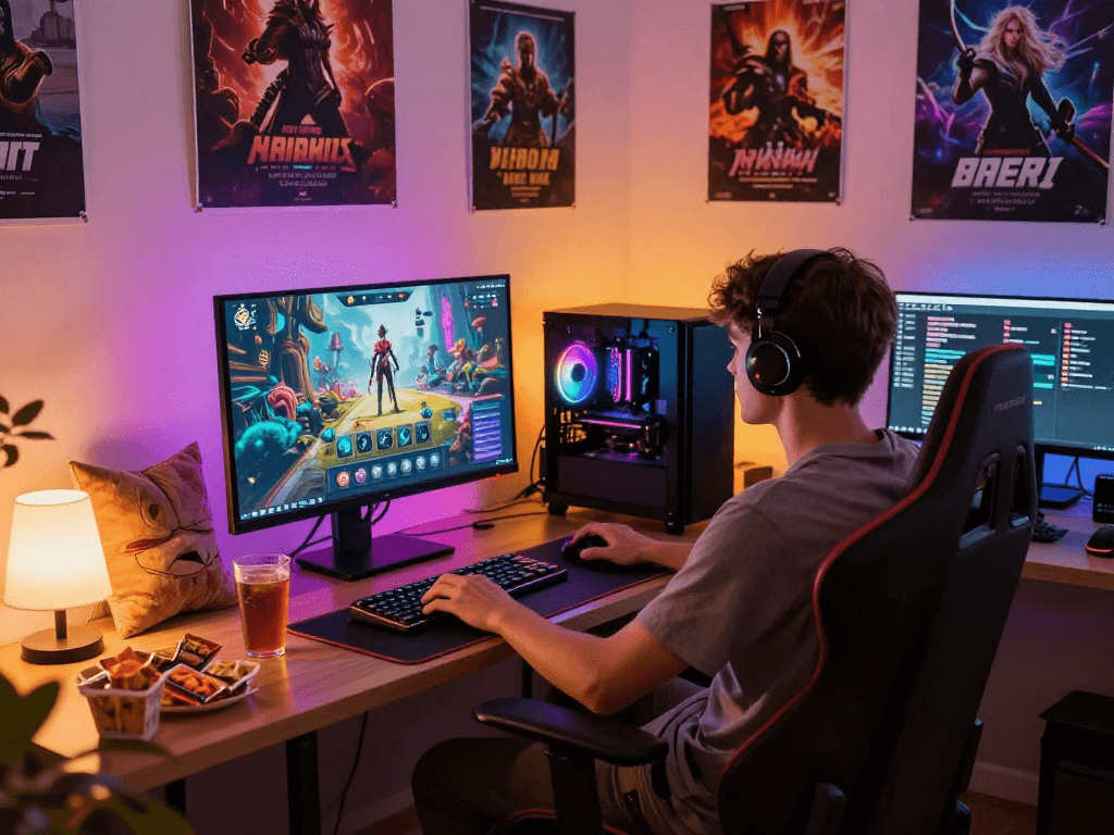 Person enjoying an immersive adult game experience in a cozy gaming setup