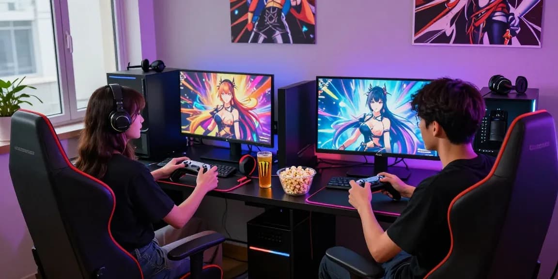 Engaging scene of players immersed in a hentai game, showcasing an interactive gaming setup with vibrant graphics.