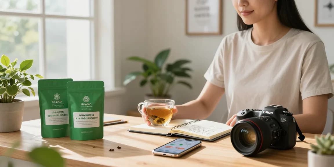 Engaging moment with lab-tested green maeng da kratom products and wellness tools in a serene home office.