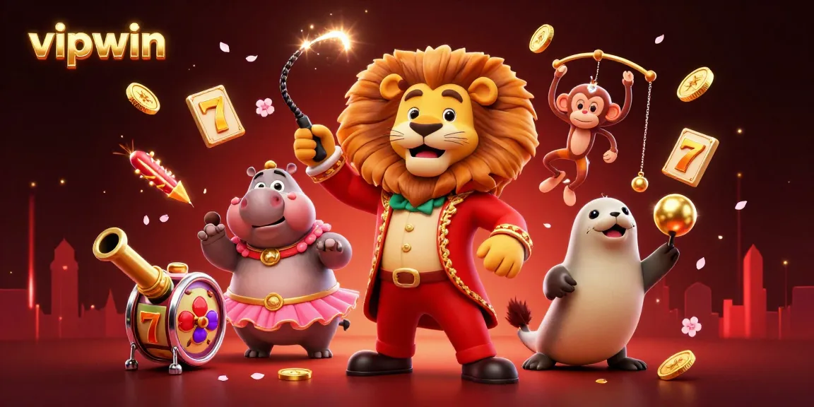 Experience the excitement of vipwin with a colorful 3D circus-themed casino illustration featuring engaging game elements.