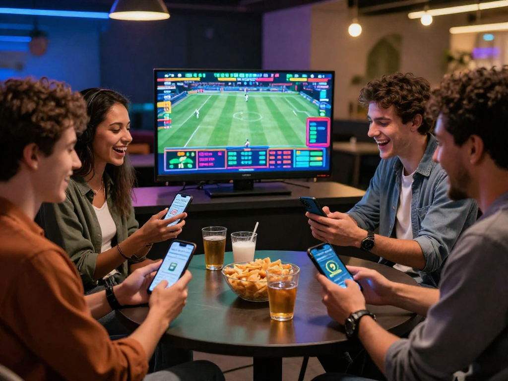Friends enjoying EK333 online betting experience with smartphones and live sports.