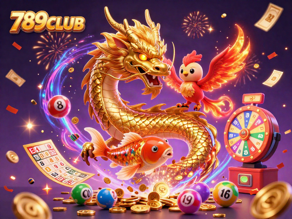 Play thrilling games at 789CLUB, featuring a majestic dragon and lucky symbols amidst vibrant excitement.