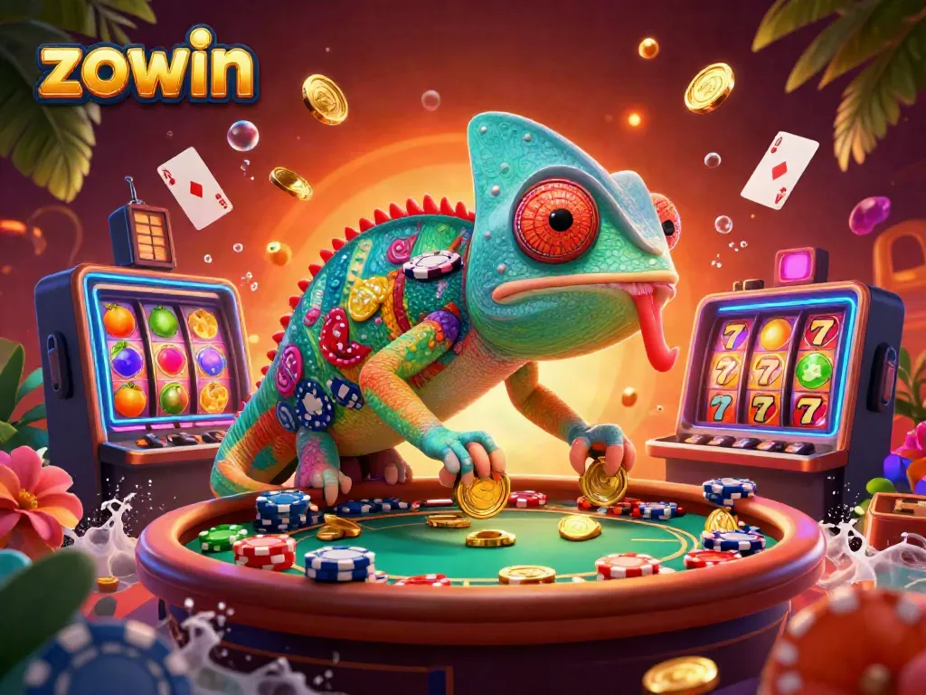 Zowin casino illustration featuring a chameleon owner and vibrant slot games, captivating gamblers.