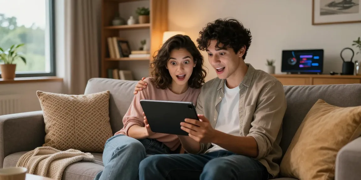Couple enjoying an ai sex chat in a cozy living room, showcasing intimacy and technology.