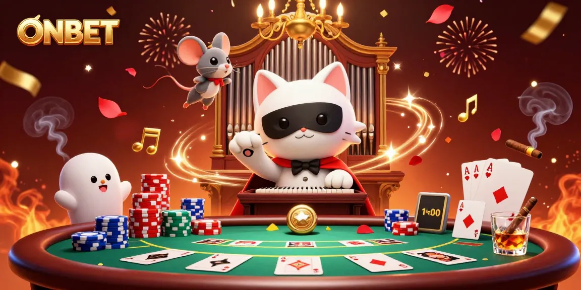 Engage in thrilling gameplay with ONBET showcasing a rich casino atmosphere filled with poker elements and festive decorations.