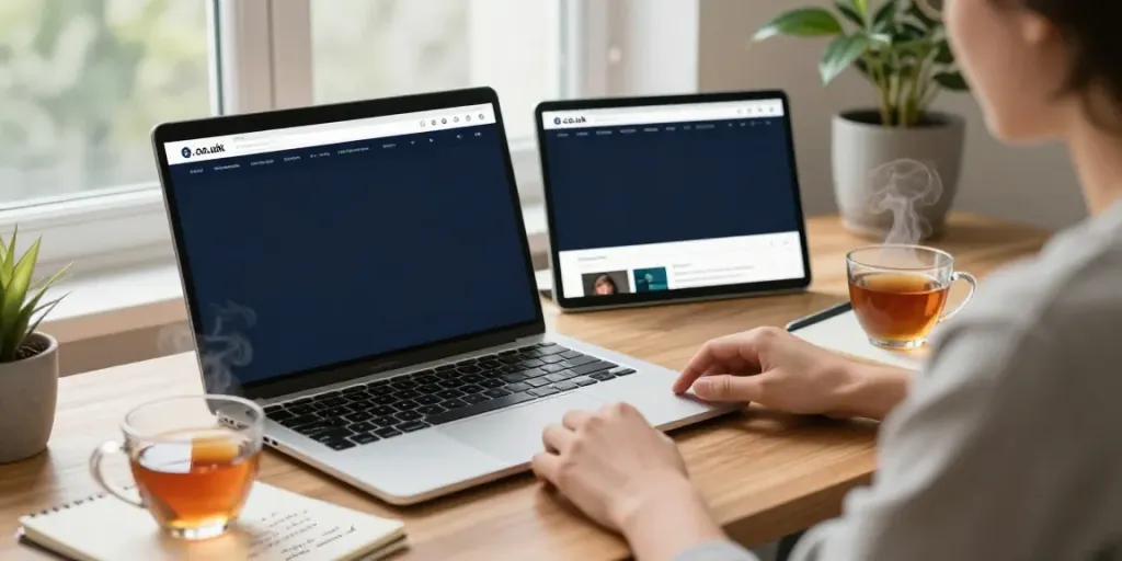 .co.uk domain registration in a modern home office with dual monitors and business notes.