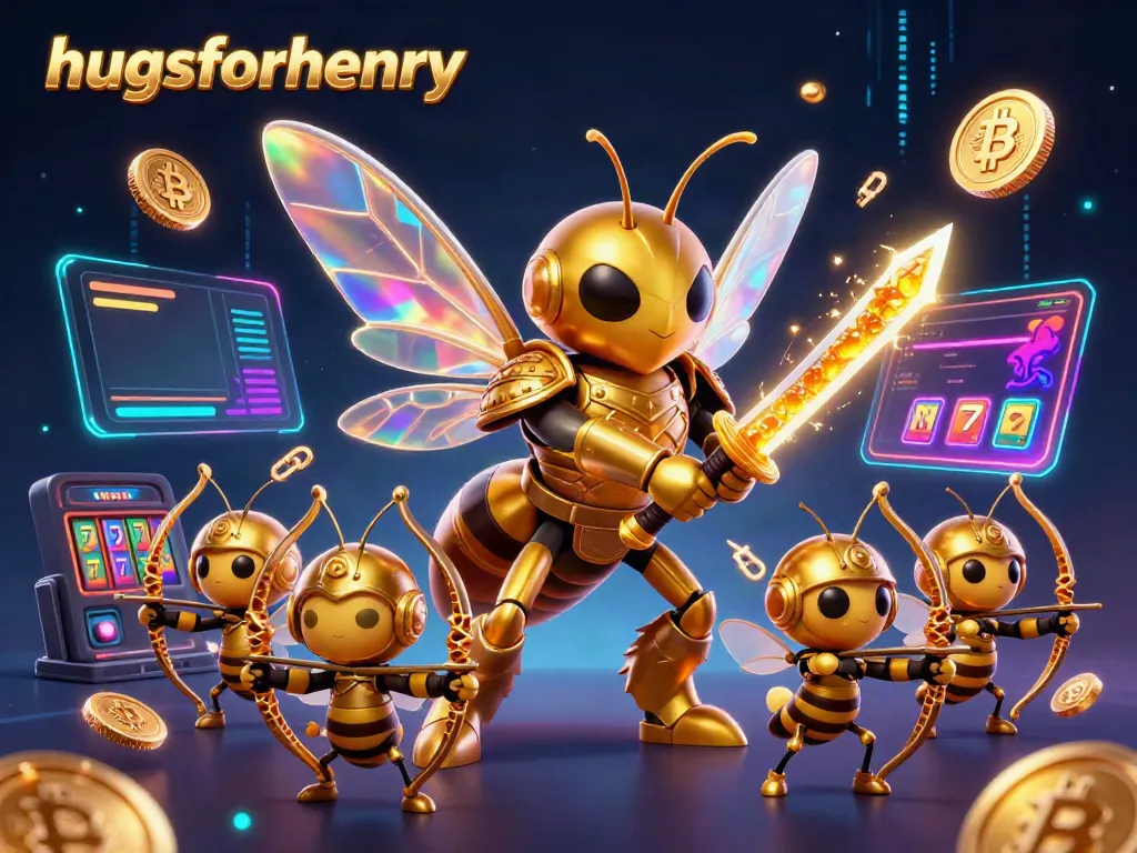 Engage with hugsforhenry through a vibrant 3D slot scene featuring unique characters and crypto symbols.