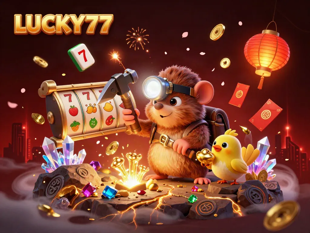 LUCKY77 slot gaming scene with a treasure hunter mole, vibrant colors, and dynamic casino elements