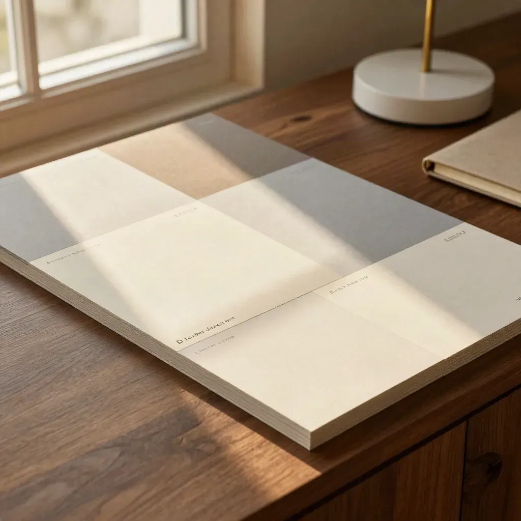 Top-down paper page blocks, closed notebook and lamp base on a walnut surface in warm window light.