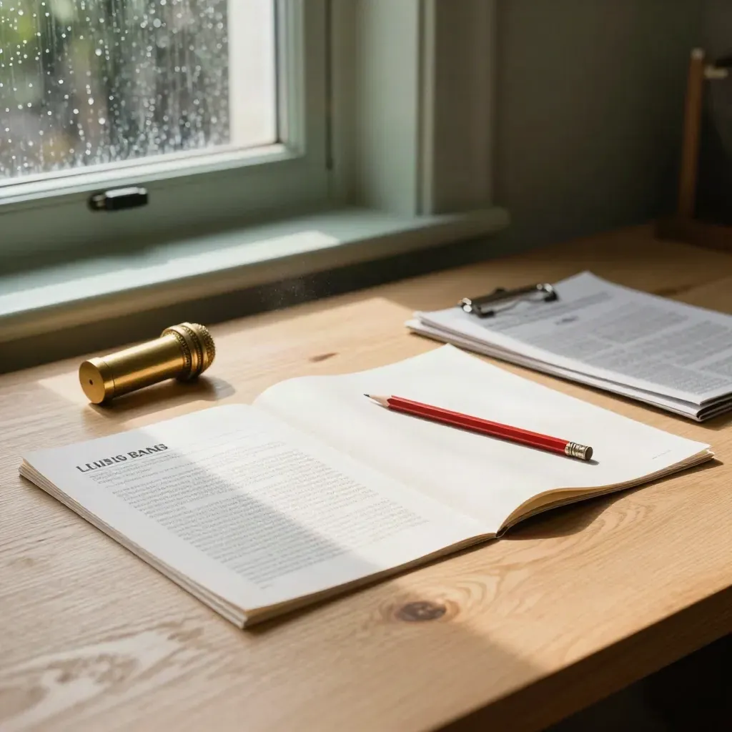 London brand-studio worktable with press kit, proofs, red pencil and brass microphone capsule in summer rain