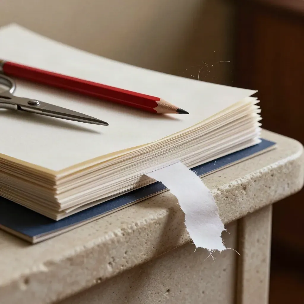Macro of proof sheets, scissors and a red pencil on stone, with paper fibres drifting in warm light.