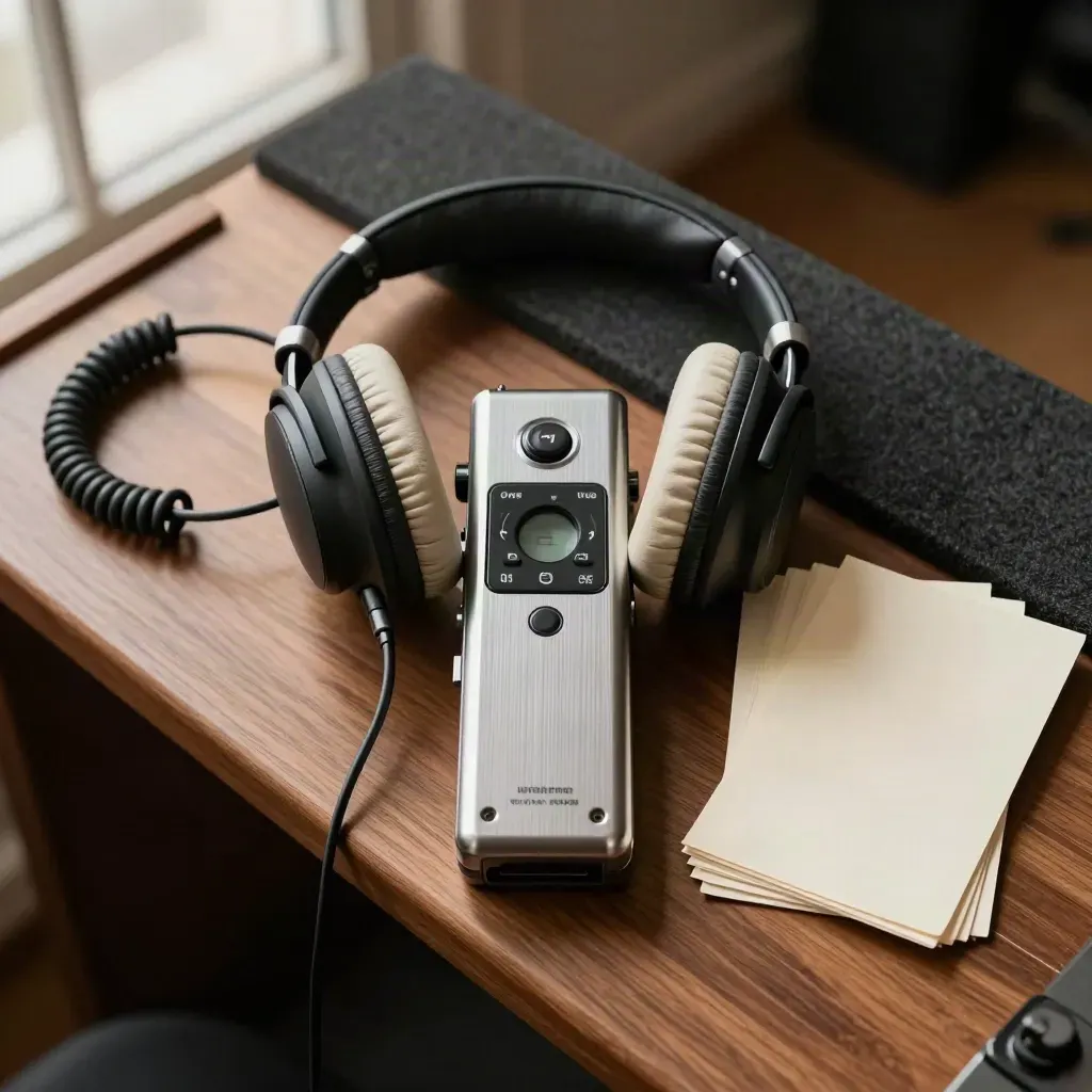 Recorder, headphones and cue cards on a walnut studio ledge, lit from upper left