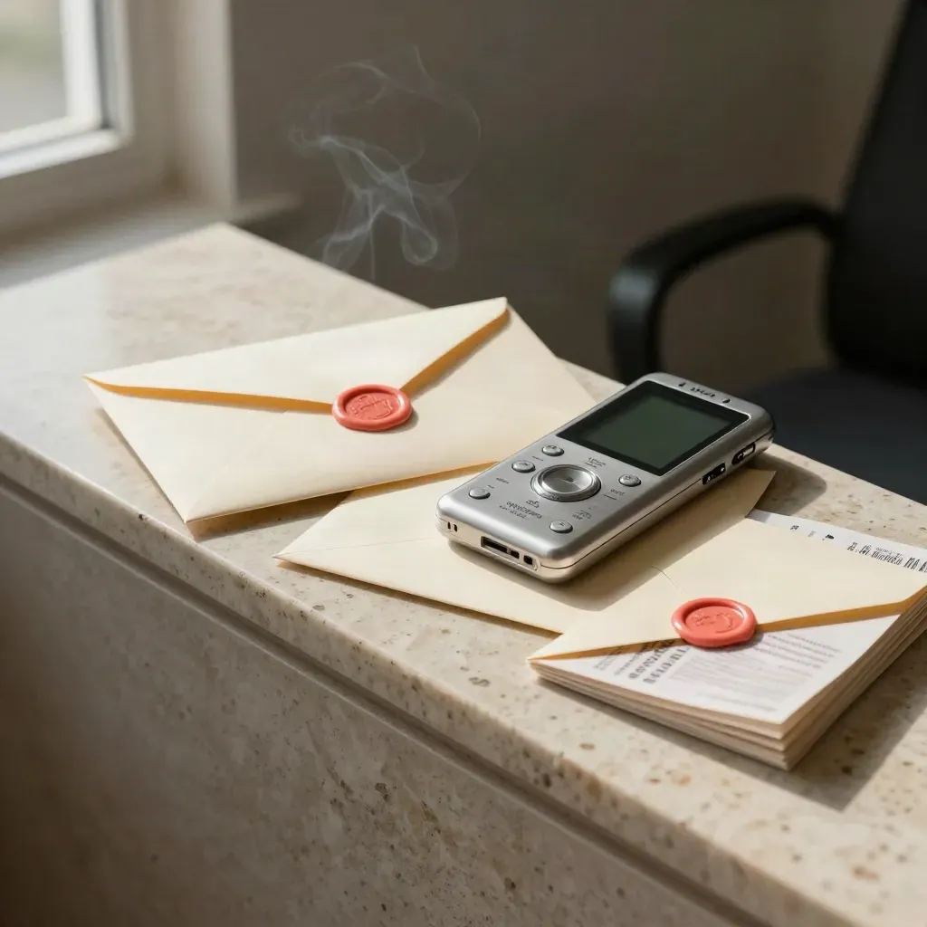 Sealed envelopes, audio recorder and face-down clippings on travertine in dramatic coral haze.