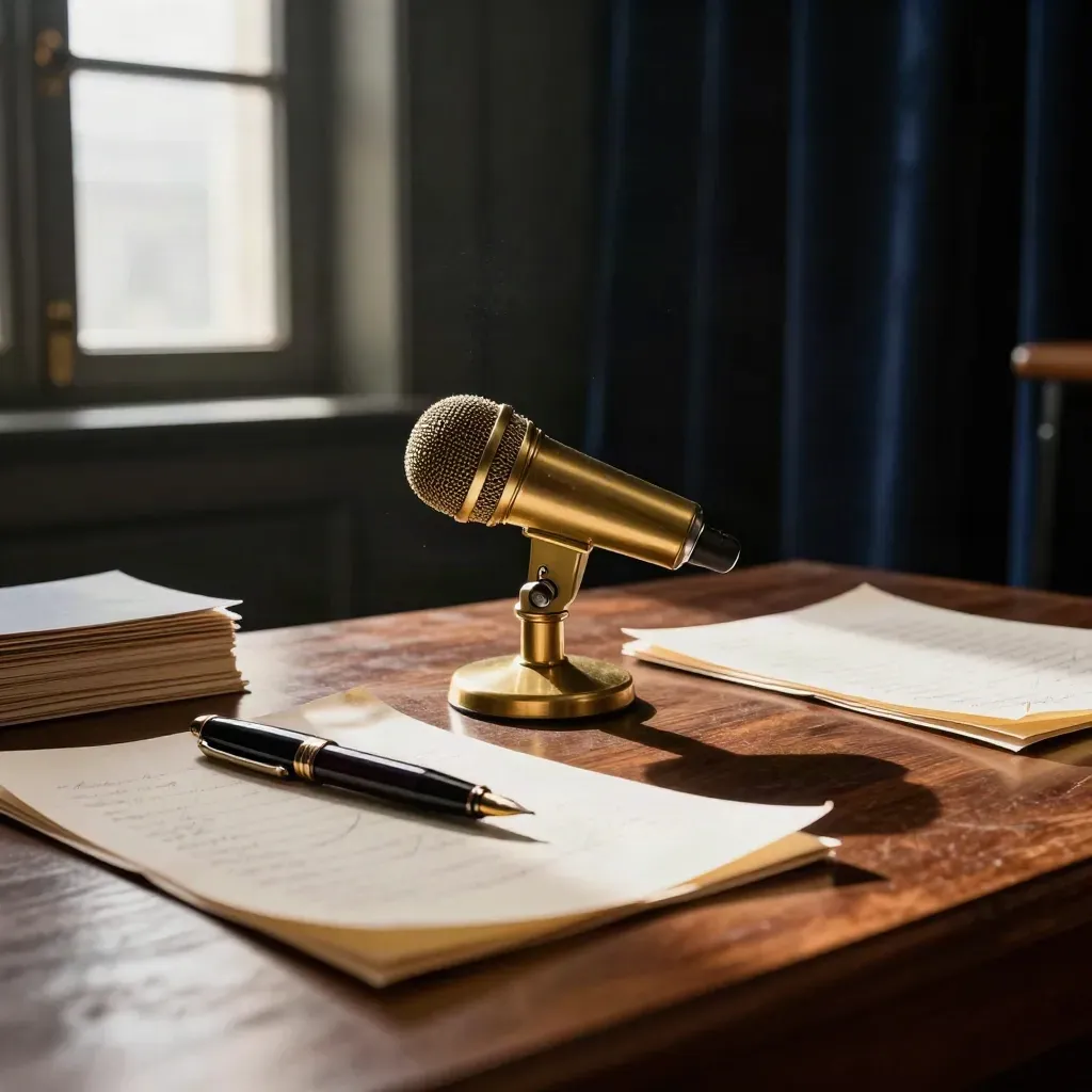 Brass microphone, pen and speech notes on a dark lectern in a hazy backstage theatre.