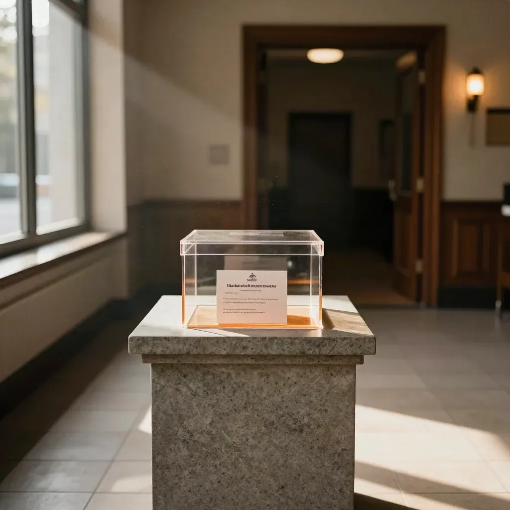 Quiet charity foyer with acrylic donation box on a stone plinth in warm window light.