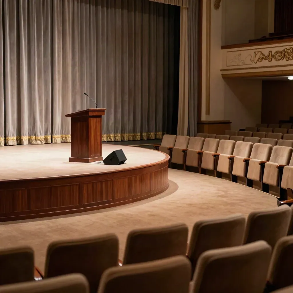 Empty auditorium stage with lectern, microphone, monitor wedge and dramatic spotlight