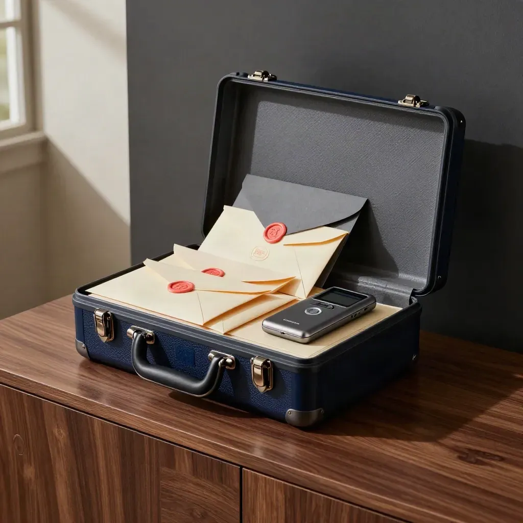 Press case, sealed briefing envelopes and recorder on a hotel sideboard.