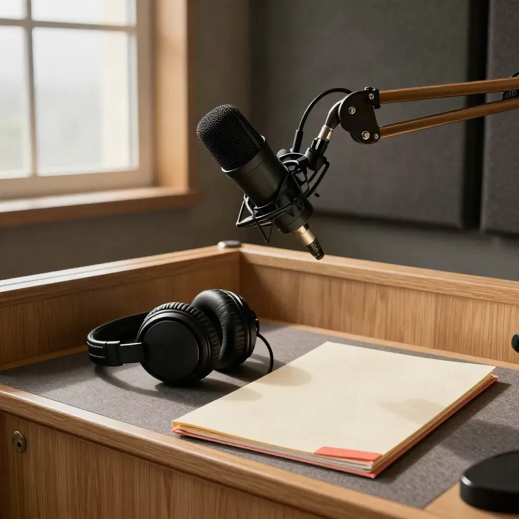 Warm radio studio still-life with microphone, headphones and a face-down briefing folder.