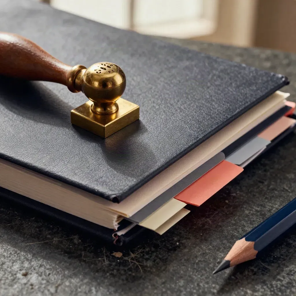 Macro still life of strategist tools on dark stone: notebook, brass stamp, colour tabs and pencil.