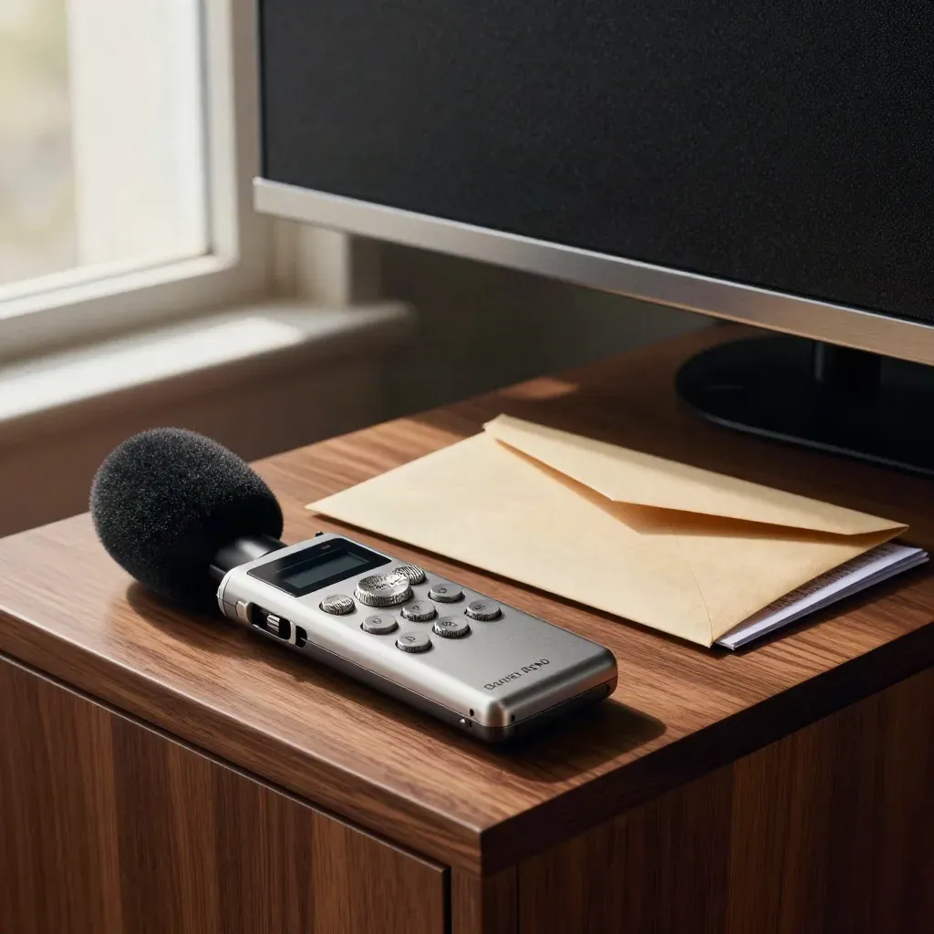 Audio recorder, foam mic windscreen, sealed envelope and press release sleeves on walnut in dramatic light