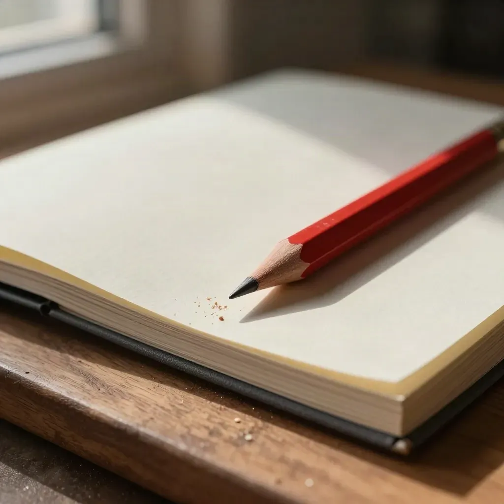 Red pencil, eraser crumbs and a slim notebook in a moody close-up editorial still life.