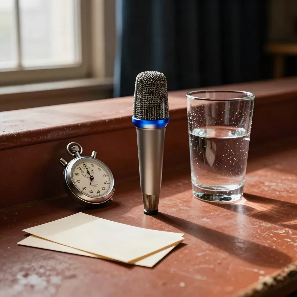 Microphone capsule, stopwatch, water glass and cue cards on a rehearsal bench in soft daylight.
