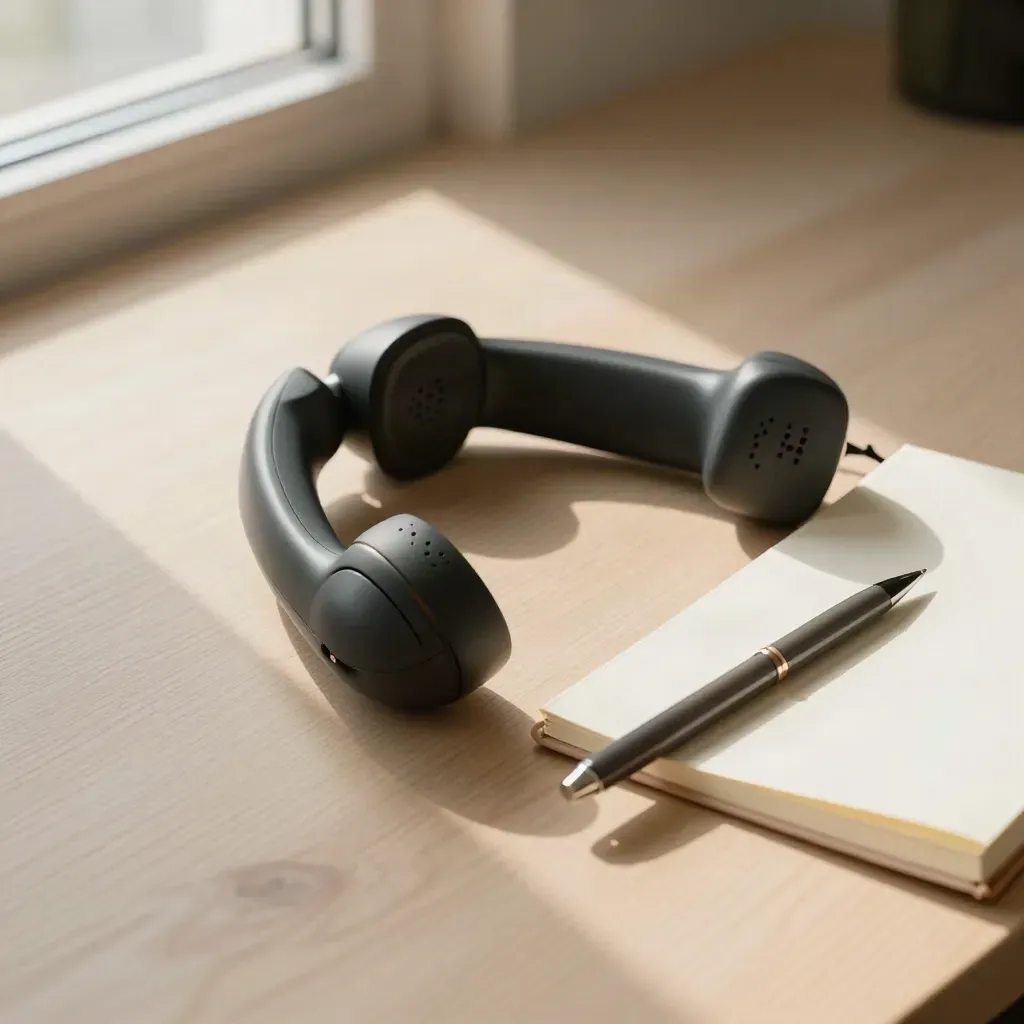 Speaker puck, handset, notebook and pen on pale wood after a first call