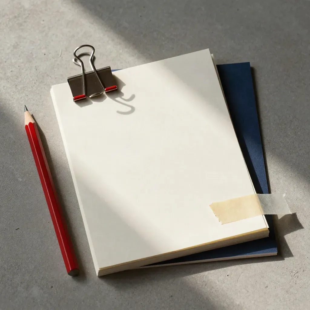Overhead flatlay of a red pencil, binder clip and washi tape pinning a paper bundle.