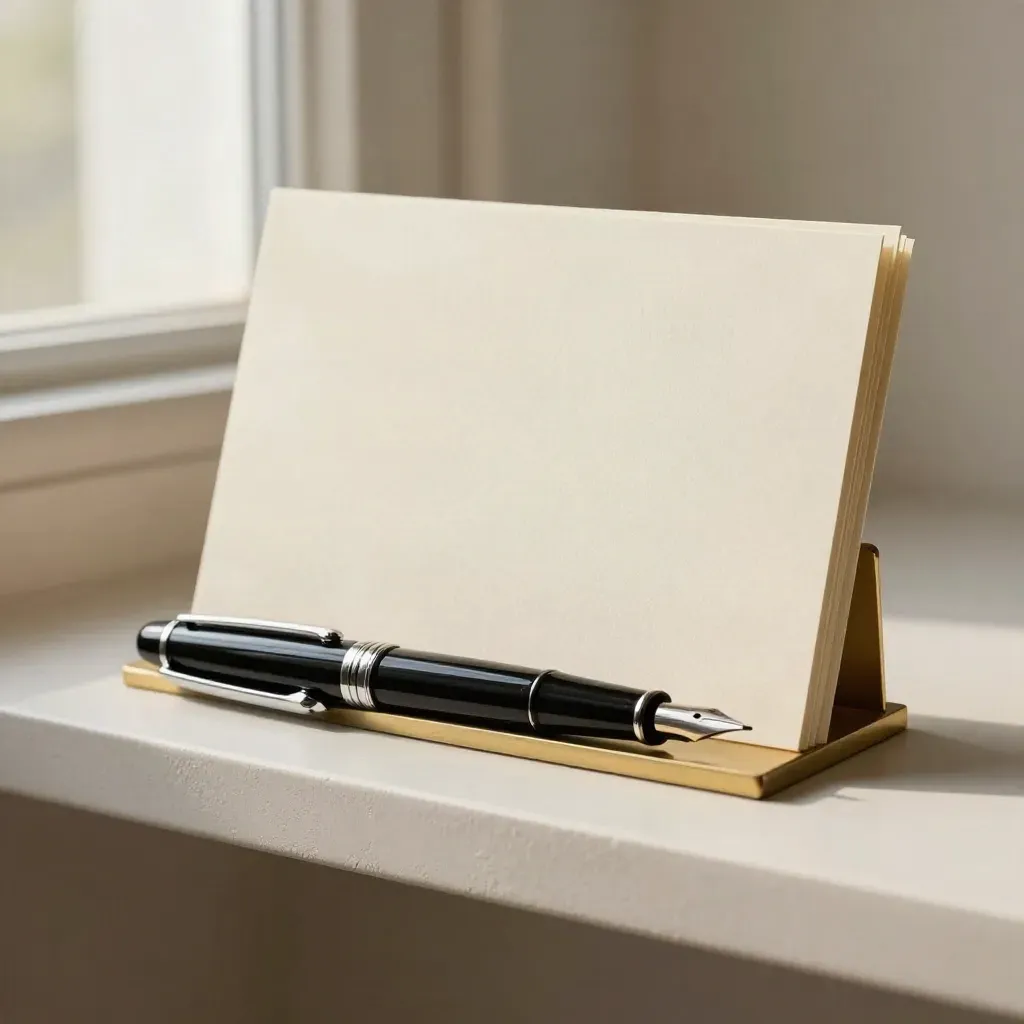 Fountain pen, blank cards and brass bookend on a cream shelf in soft daylight.