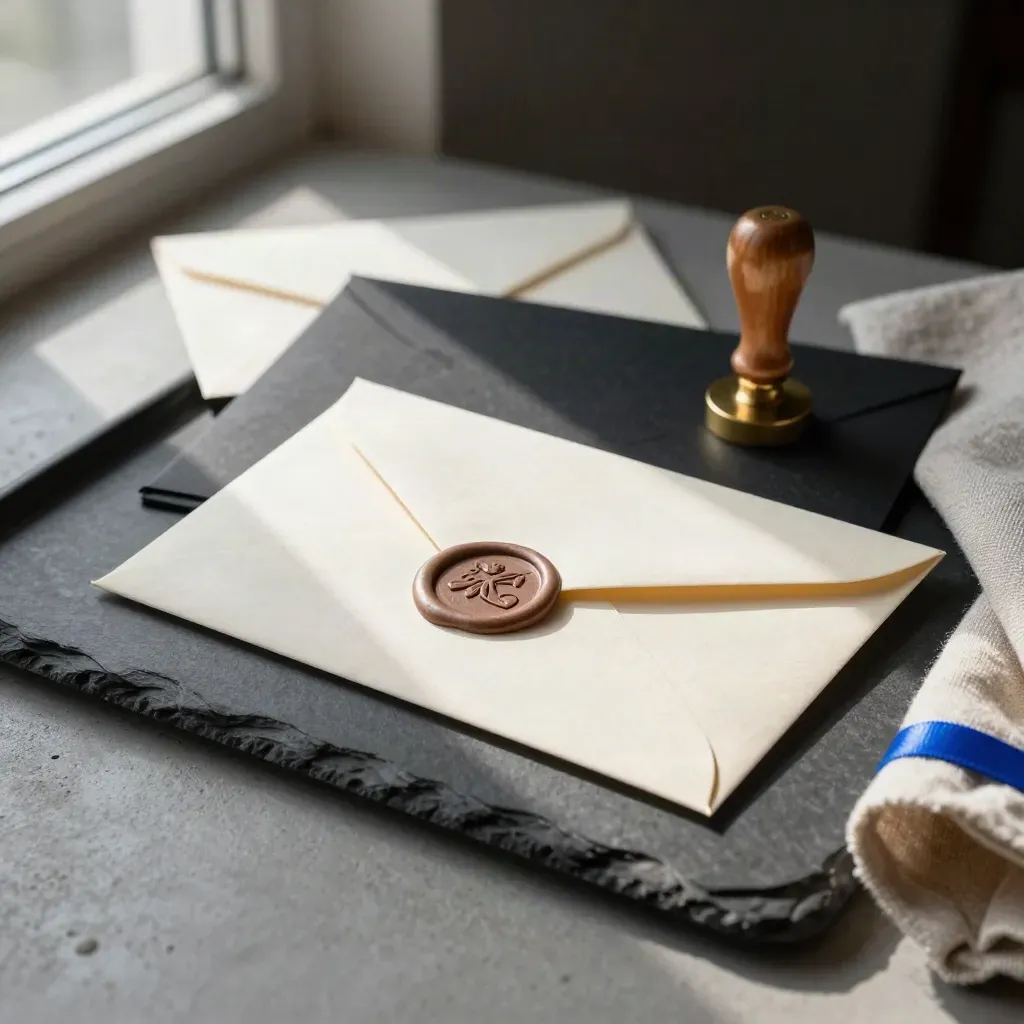 Sealed cream envelope, black folder and wax seal stamp on a stone tray with a folded linen cloth.