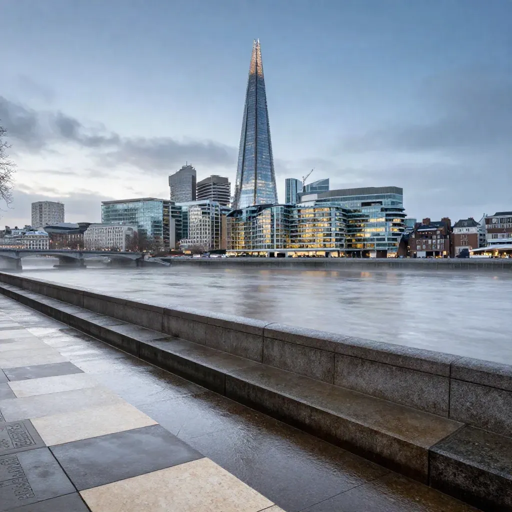Blue-hour London skyline with the Shard above misty South Bank rooftops and wet stone terraces.