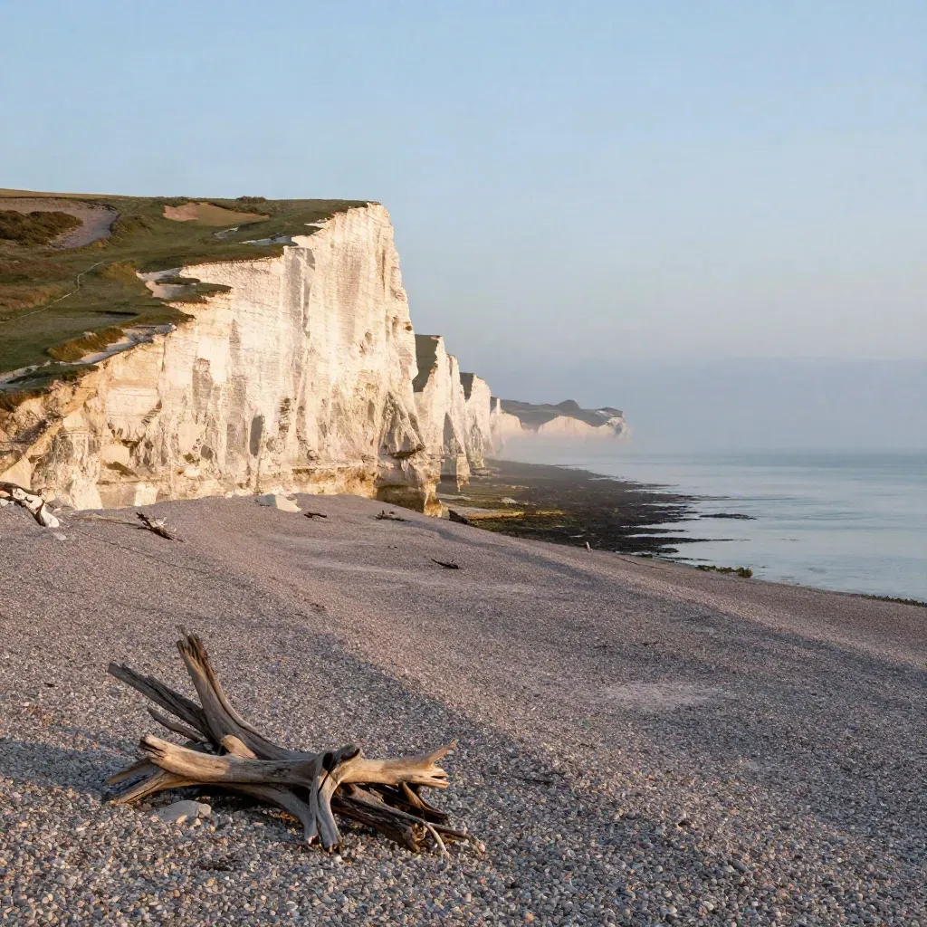Sunlit chalk cliffs over shingle coast and sea mist in South East England