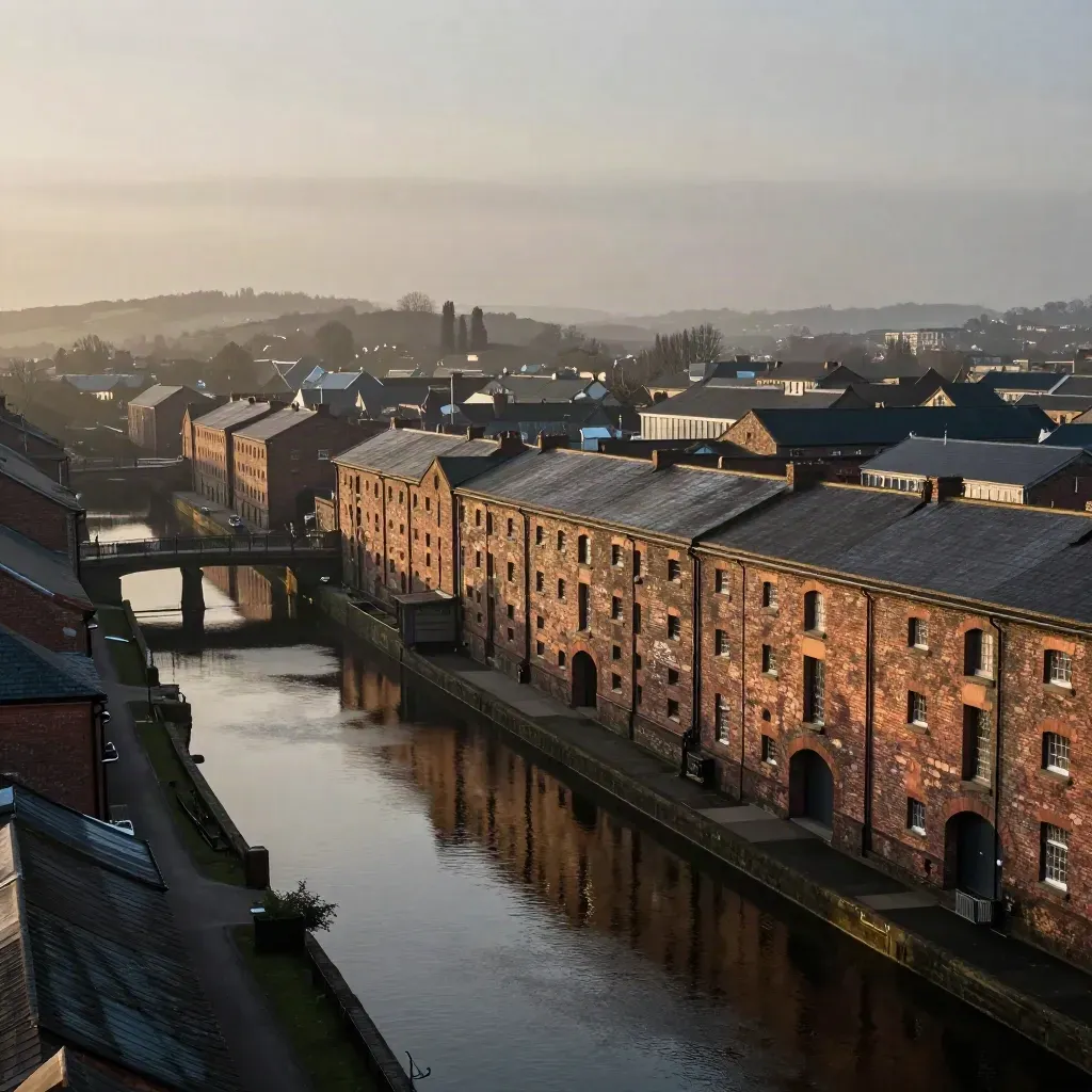 Dusk over North West England canals, brick warehouses and bridges in haze above reflective water.