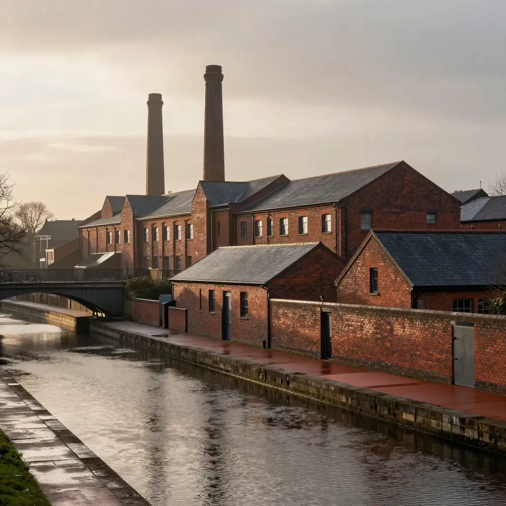 Rain-hazed West Midlands canal with red-brick mills, chimneys and viaducts