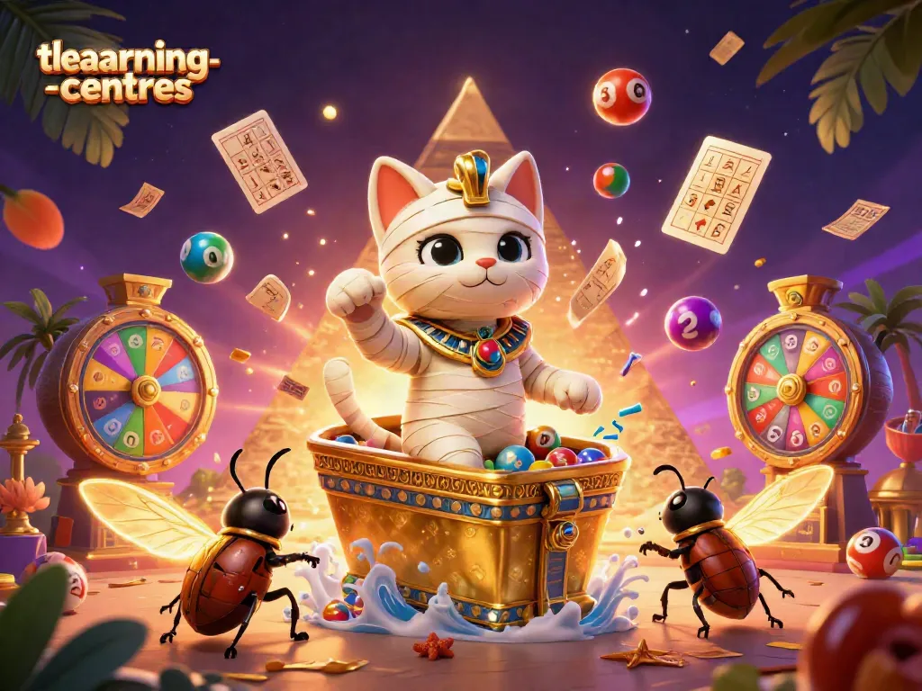 The-learning-centres features a vibrant scene of an Egyptian mummy cat in a pyramid casino, surrounded by glowing gaming action.