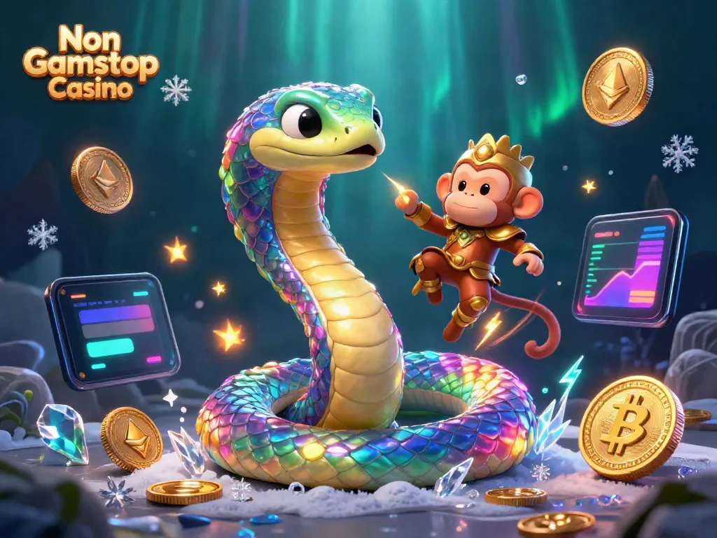 Explore the vibrant scene of Non Gamstop Casino with a rainbow serpent and monkey king amidst glowing crypto elements.