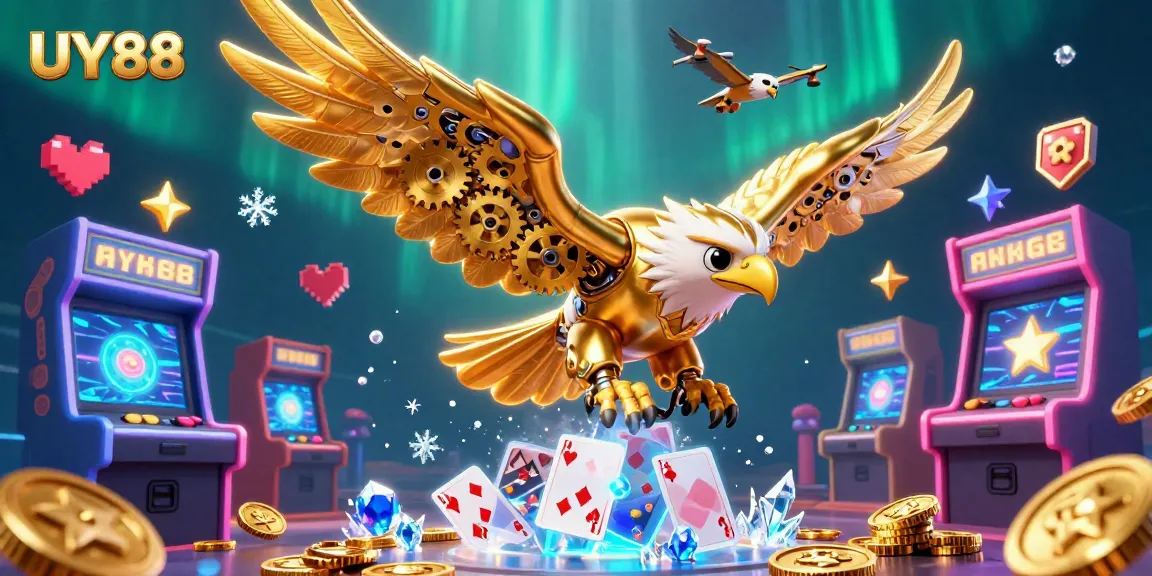 Experience thrilling action at UY88 with a cybernetic eagle soaring above holographic cards.