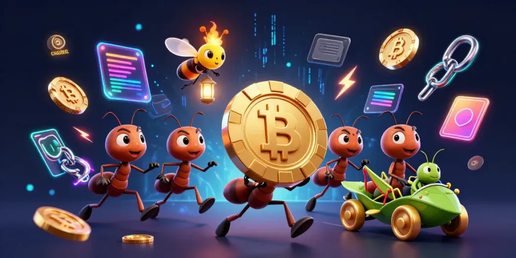 Ants executing a casino heist with a golden poker chip in a dynamic scene.
