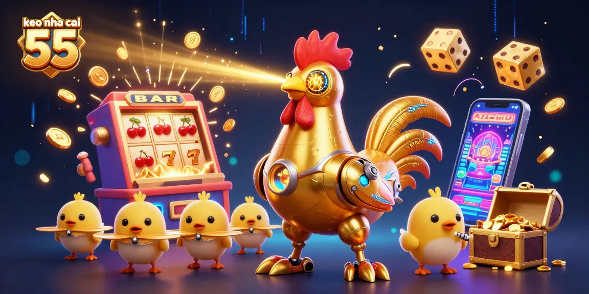 Engage with keo nha cai 55 through this vibrant 3D illustration of a golden rooster robot amidst lively casino elements.